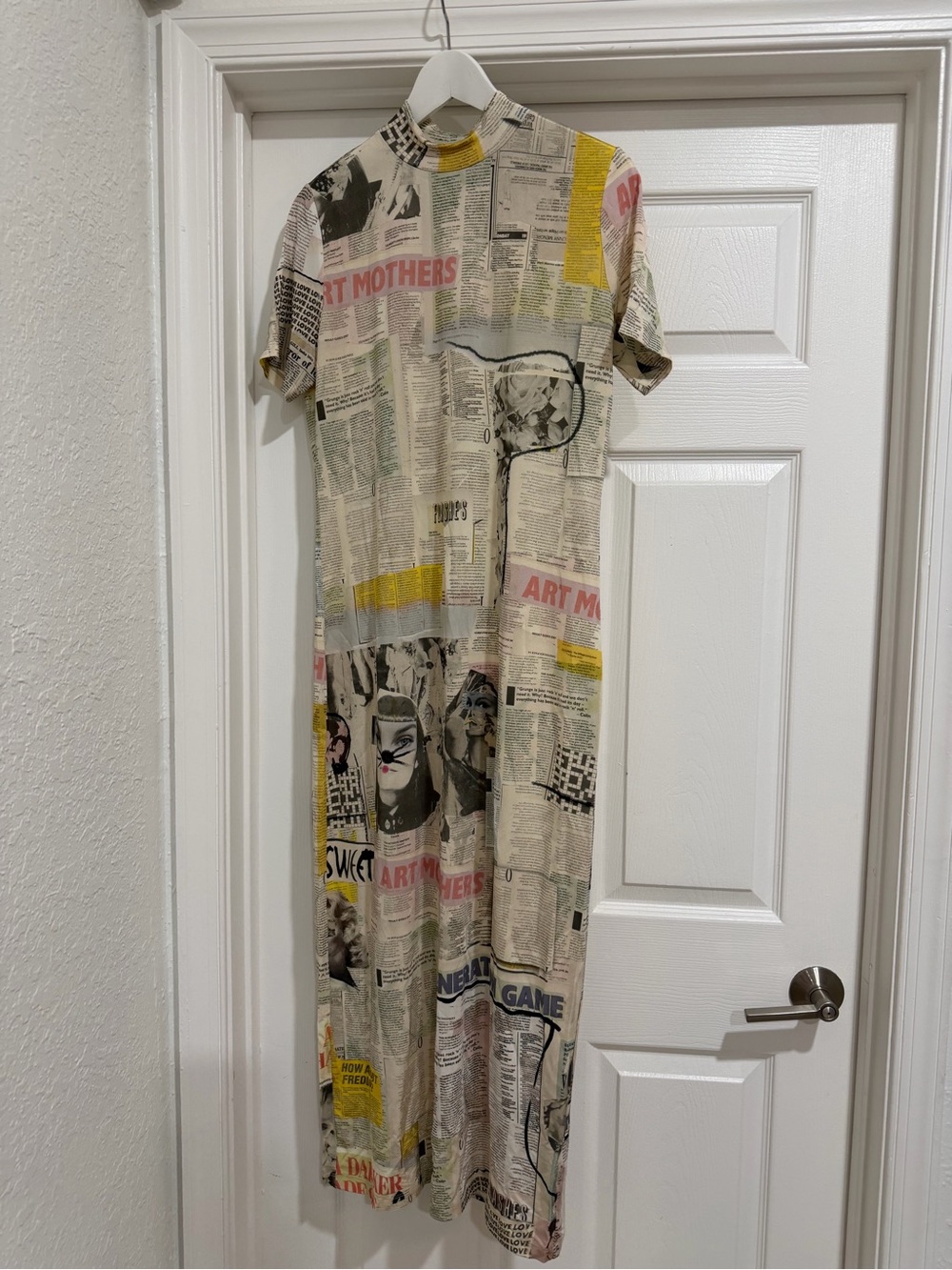 Desigual Newspaper Print Short Sleeve Dress in Beige with Yellow & Pink